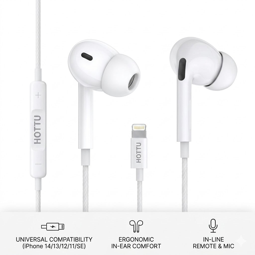 HOTTU HF16 Stereo Wired Earphones – Lightning Plug, Hi-Fi Sound & Built-in Mic